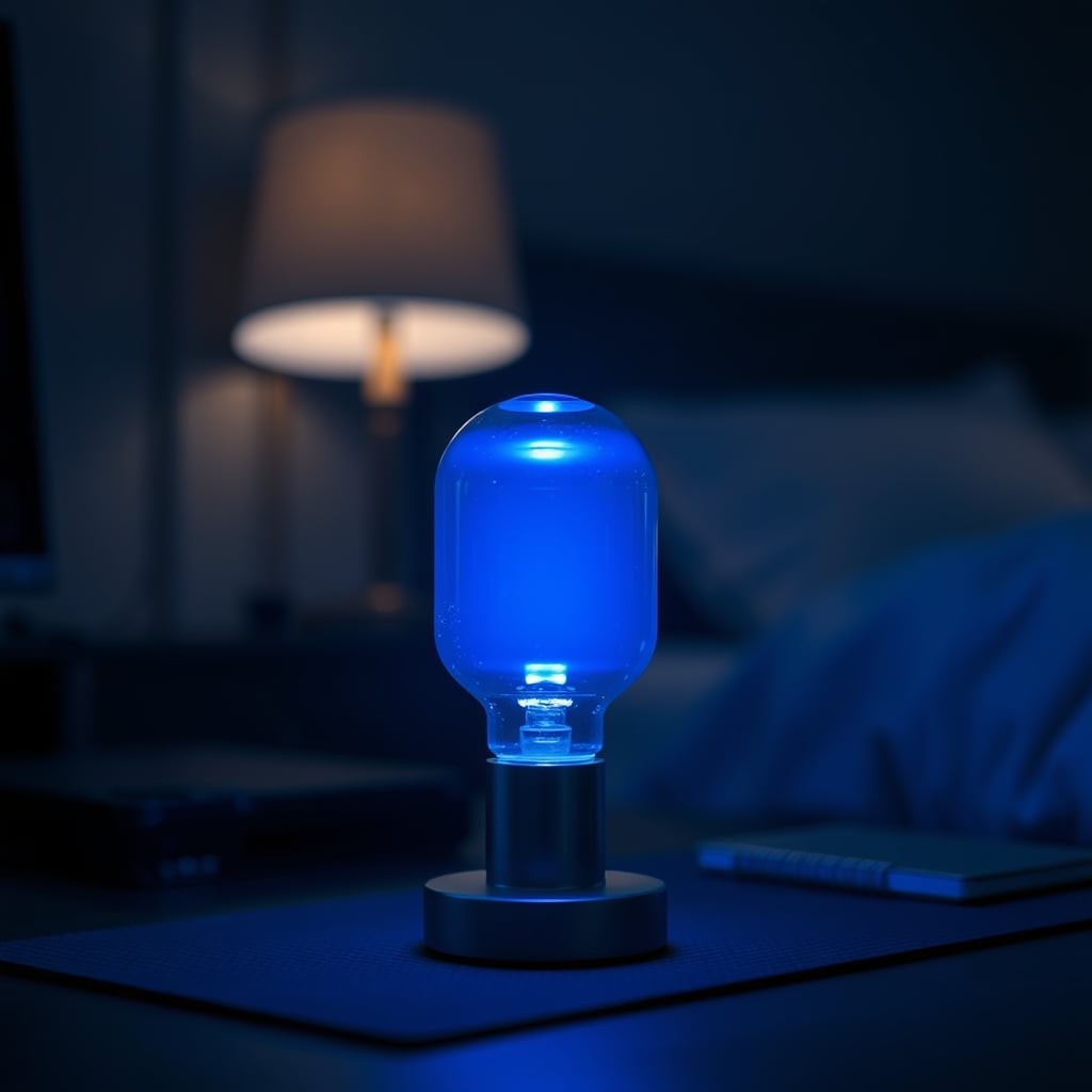 A smart lamp emitting a cool blue light in a dark bedroom, creating an unnatural, harsh atmosphere.
