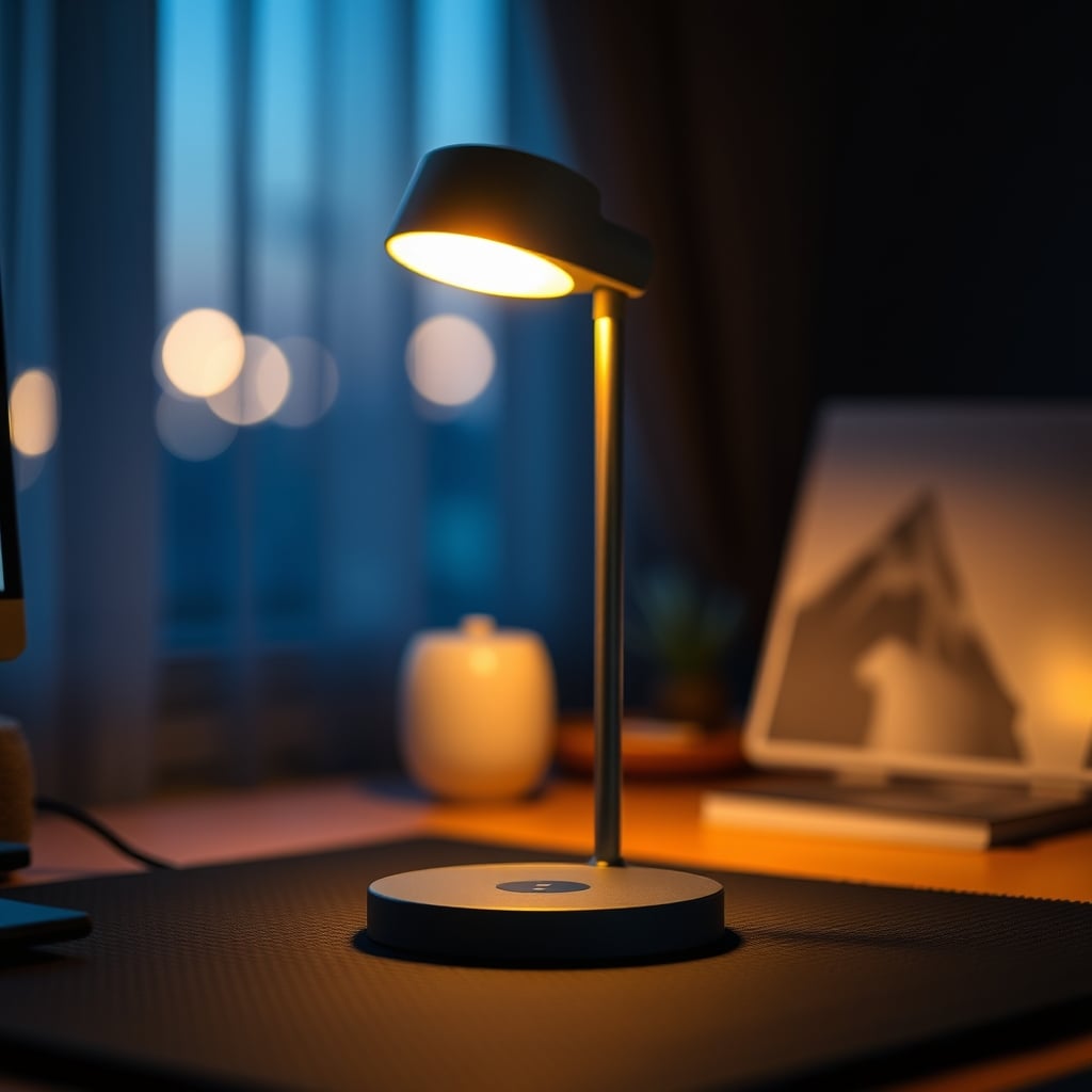 A classic, non-smart dimmable desk lamp with a warm, dim glow on a wooden desk.