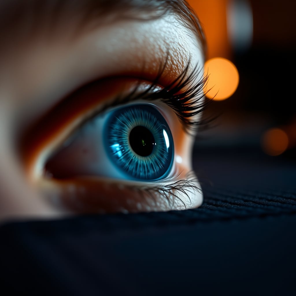 Extreme close-up of a human eye, with a reflection showing a narrow band of cyan-blue light.