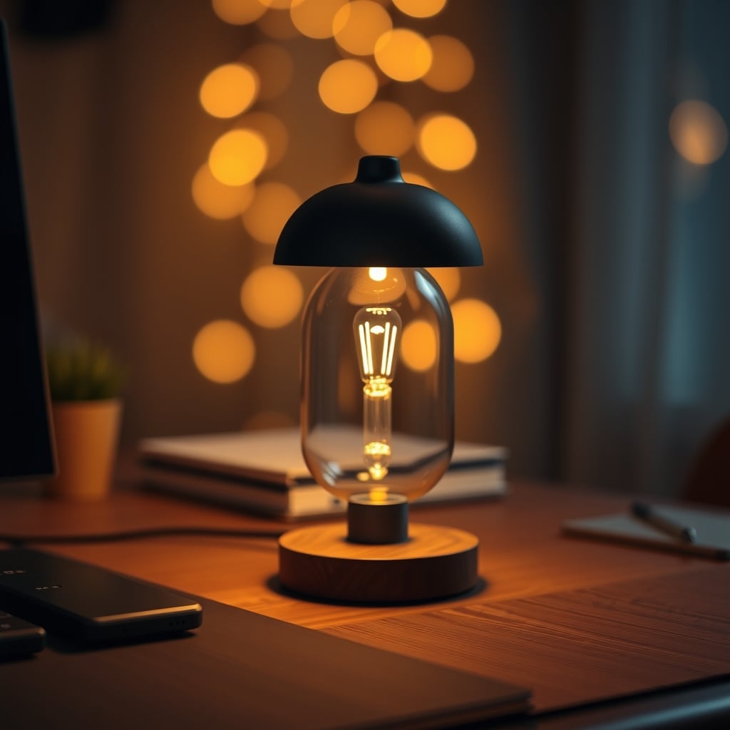 A simple, warm-toned table lamp casting a soft, inviting glow on a wooden desk in a dark room.