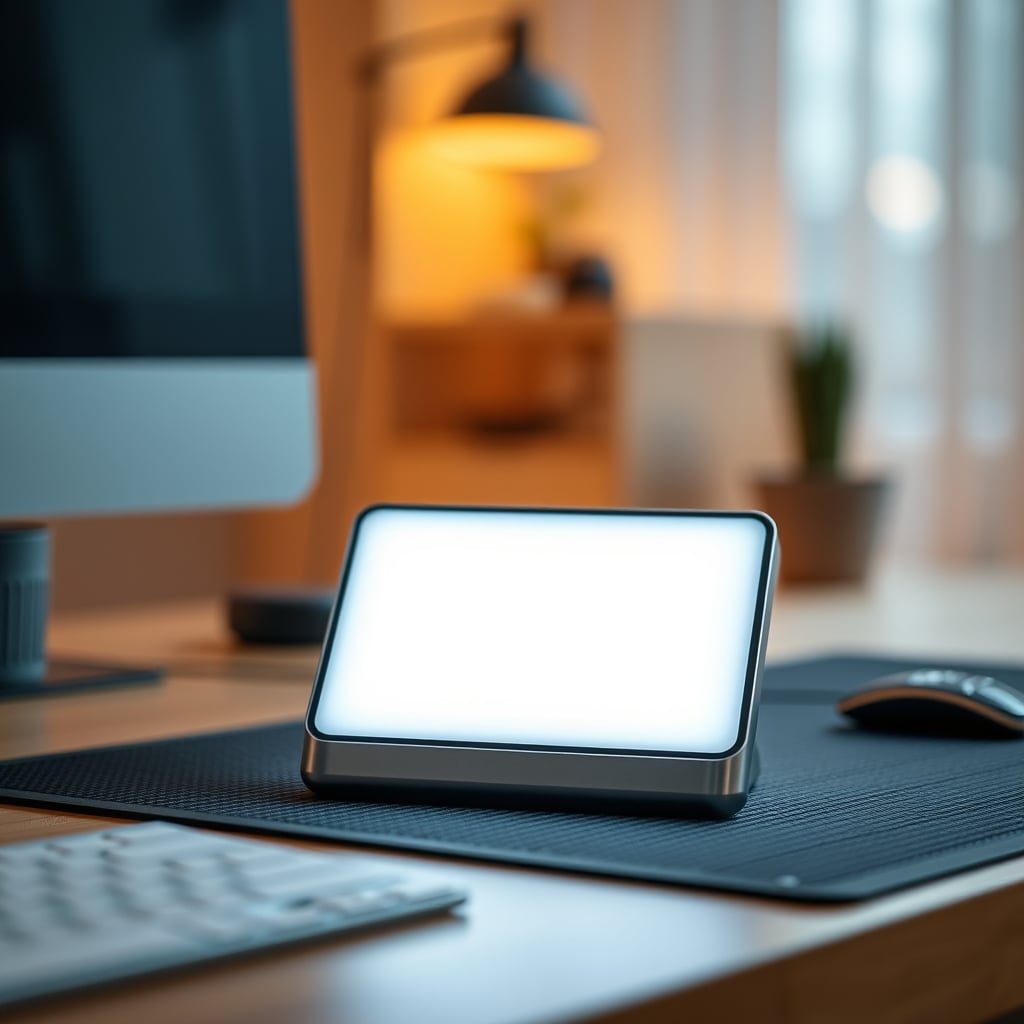 A bright, cool-white LED task light panel illuminating a clean, minimalist desk workspace.
