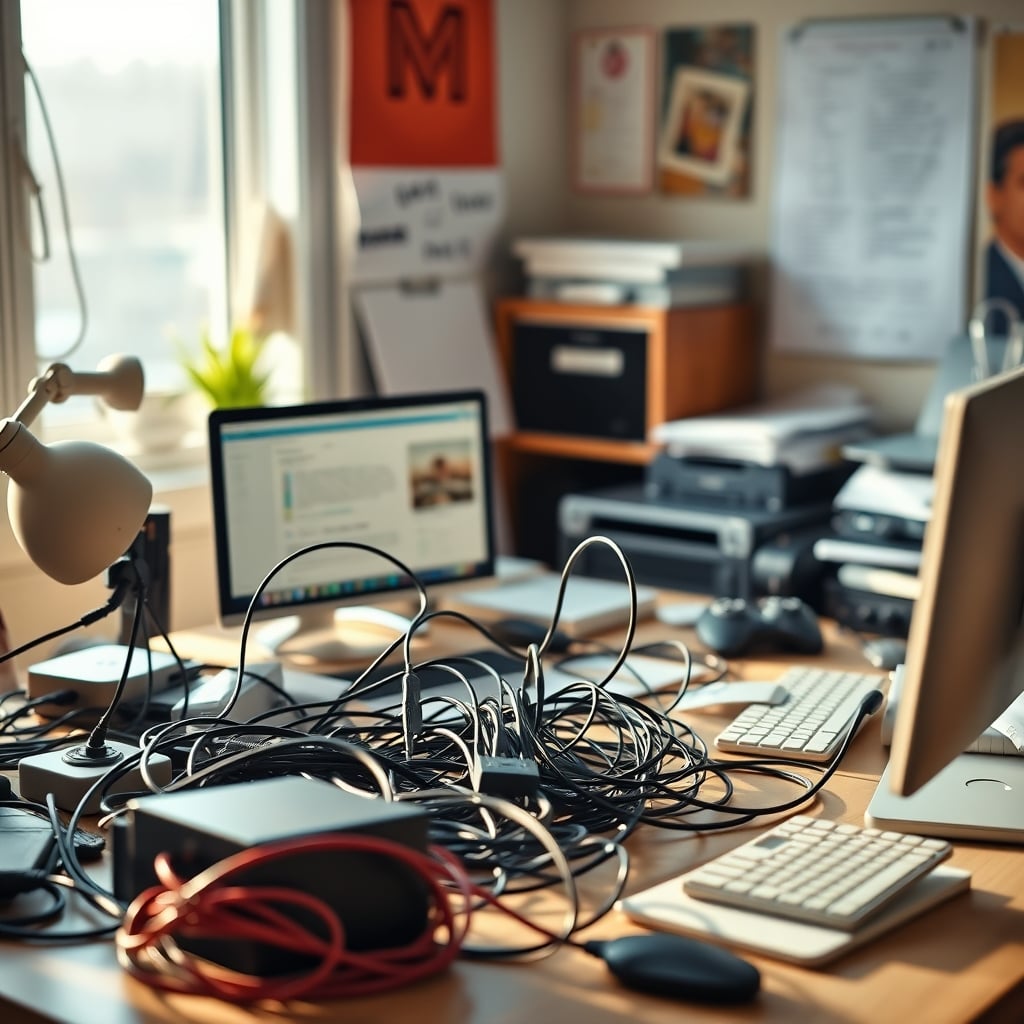 A staged photo of a circular desk setup showing the impractical cable mess and strained user posture