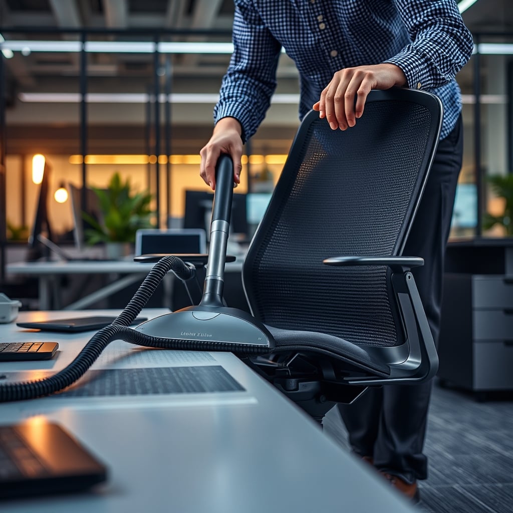 Practical maintenance: vacuuming a mesh chair with a soft brush attachment
