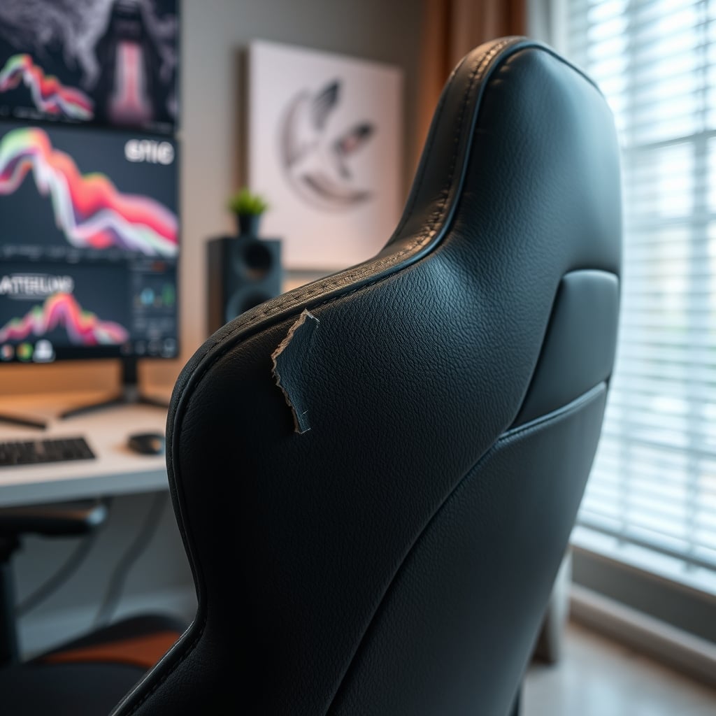 Extreme close-up of cracked and peeling white PU leather on a gaming chair armrest