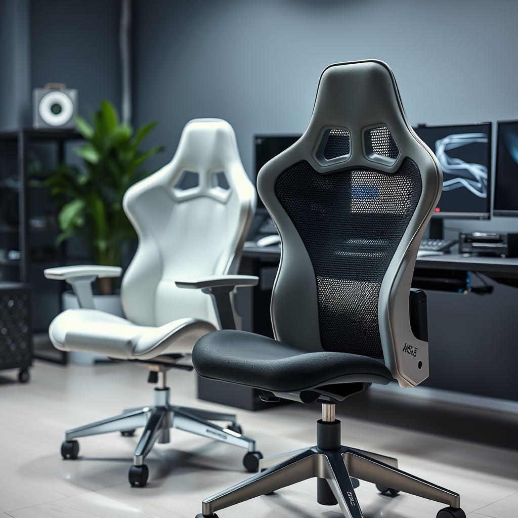 Comparison shot of a well-used mesh office chair and a clean white gaming chair