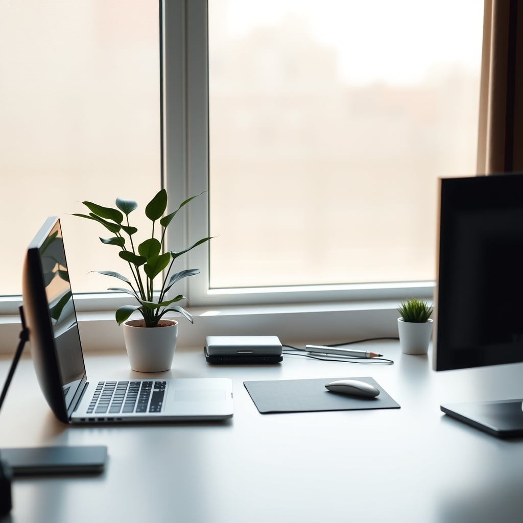 A clean, minimal desk after a clutter tax audit, featuring only a laptop, monitor, and one plant.