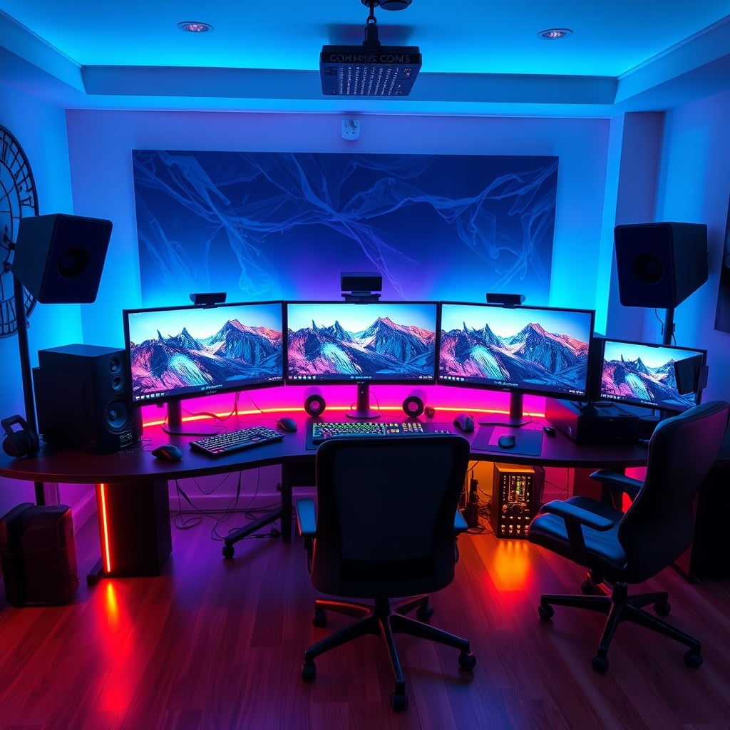 An extreme, RGB-lit streaming setup with multiple monitors and peripherals, representing the 'productive' desk aesthetic scam.