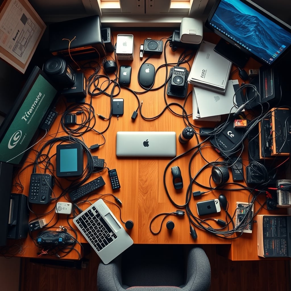 An overhead view of a desk drowning in the clutter tax, covered in gadgets, cables, and distractions.
