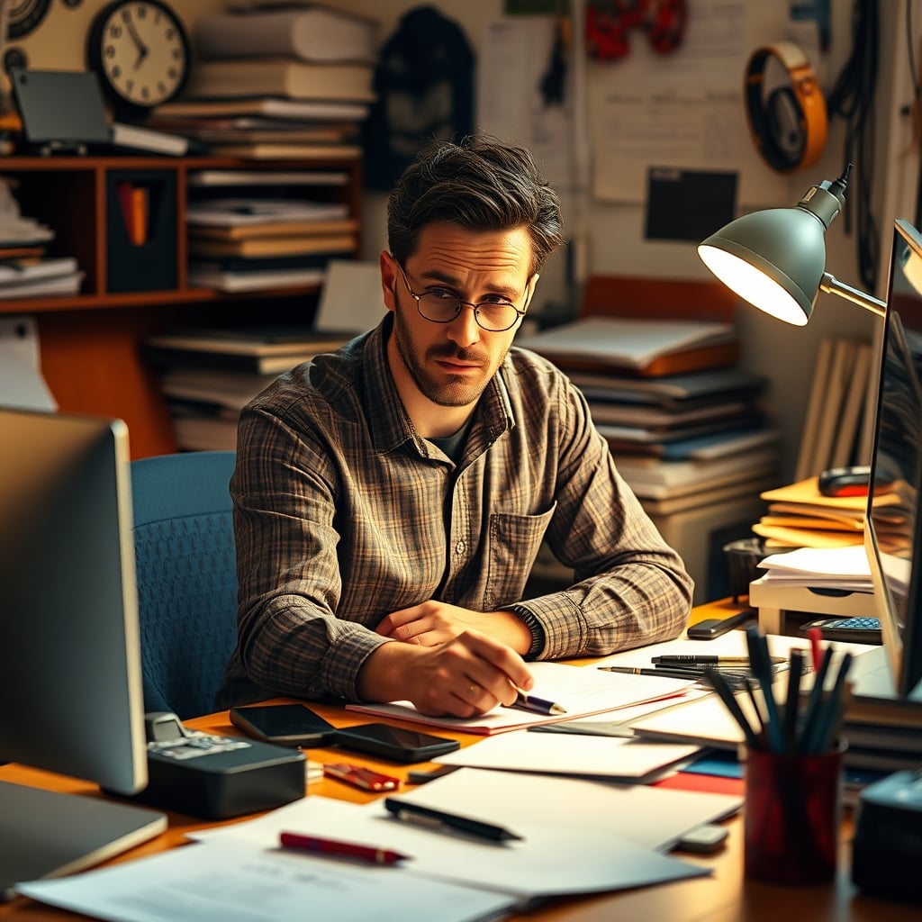 Person experiencing decision fatigue at a cluttered desk full of objects