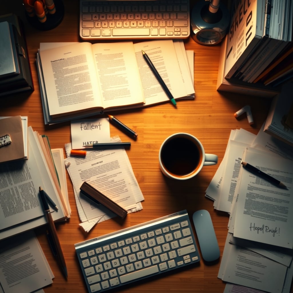A realistically cluttered creative desk with open books, notebooks, and a keyboard, demonstrating productive chaos.