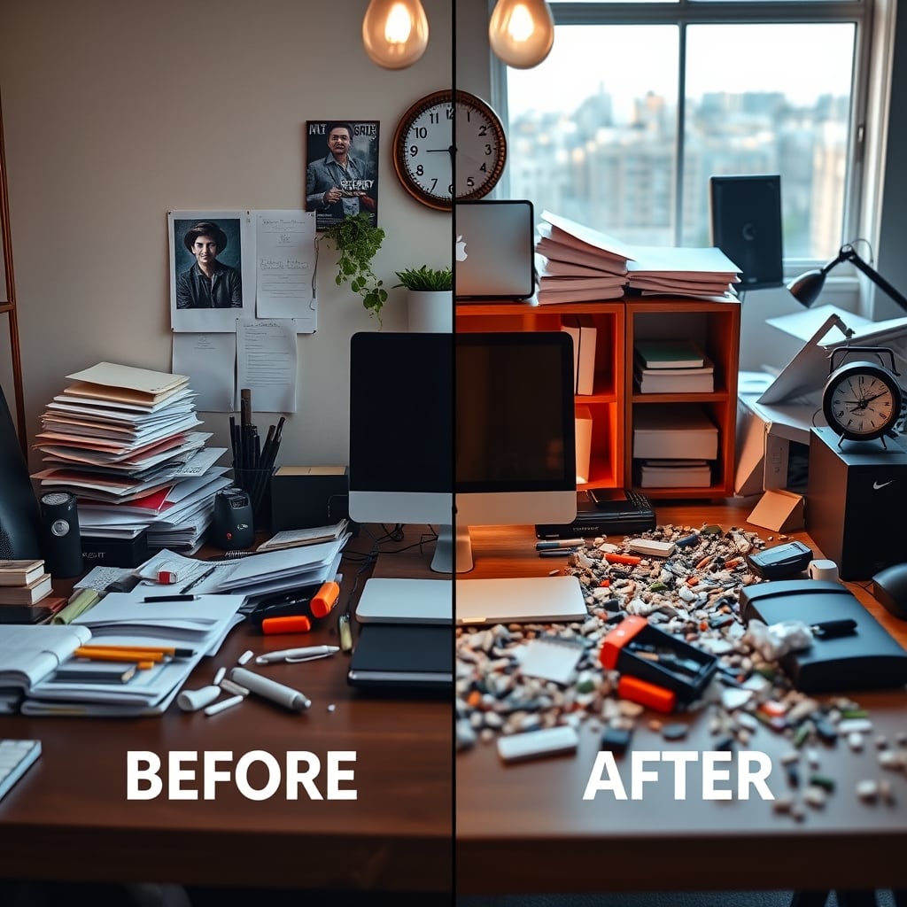 Side-by-side comparison of a desk with intentional project clutter and a desk with distracting random debris.