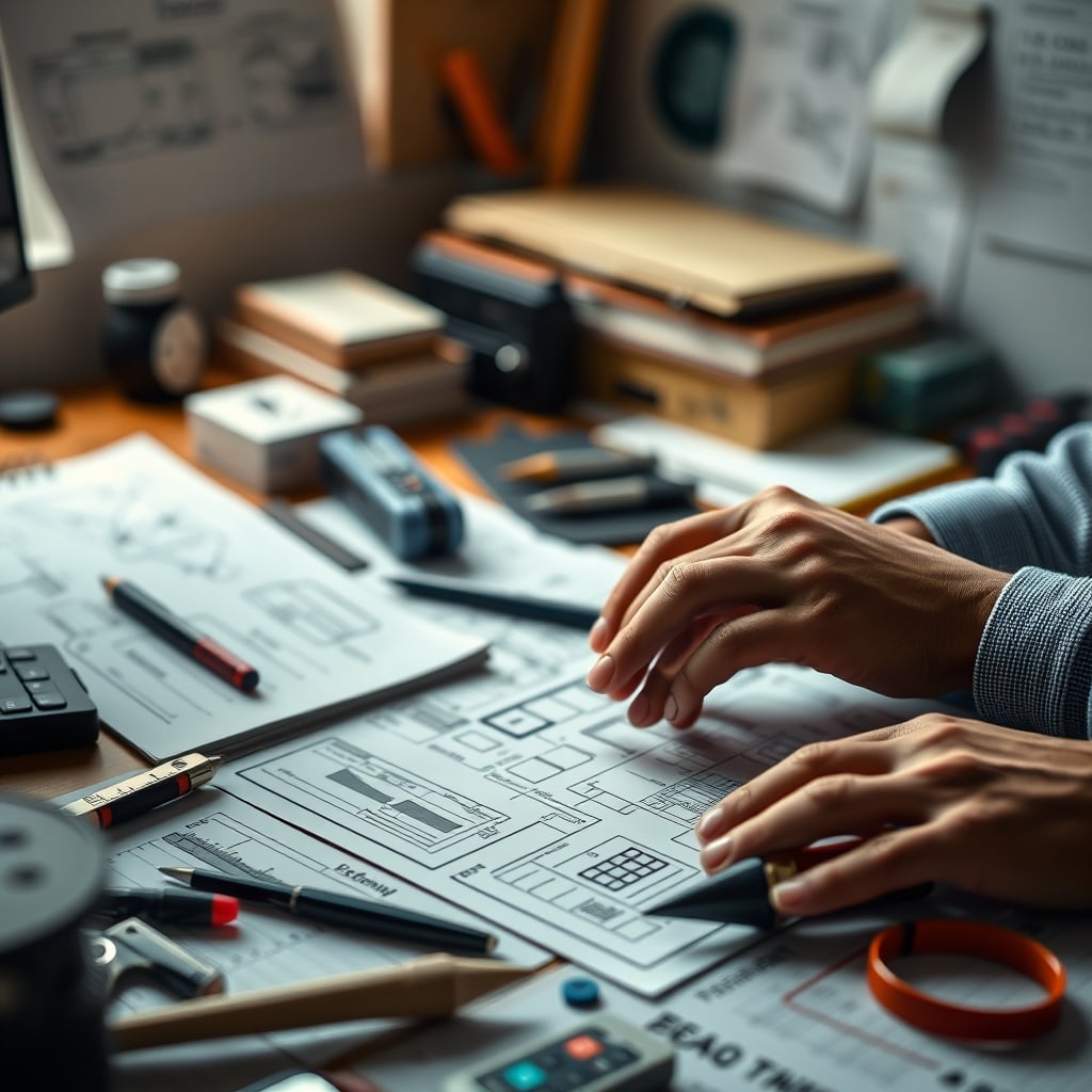 Close-up of hands working with tools and schematics on a densely populated desk surface.