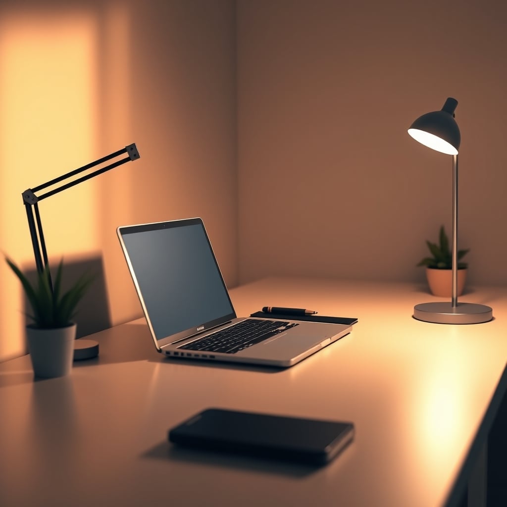 A clean, minimalist desk with only a laptop, a lamp, and a single notebook.