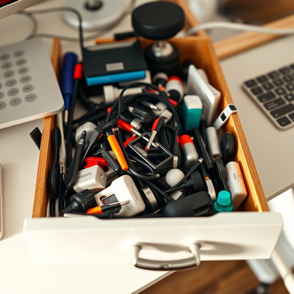 A drawer overflowing with unused desk organizers, cable ties, and plastic containers.