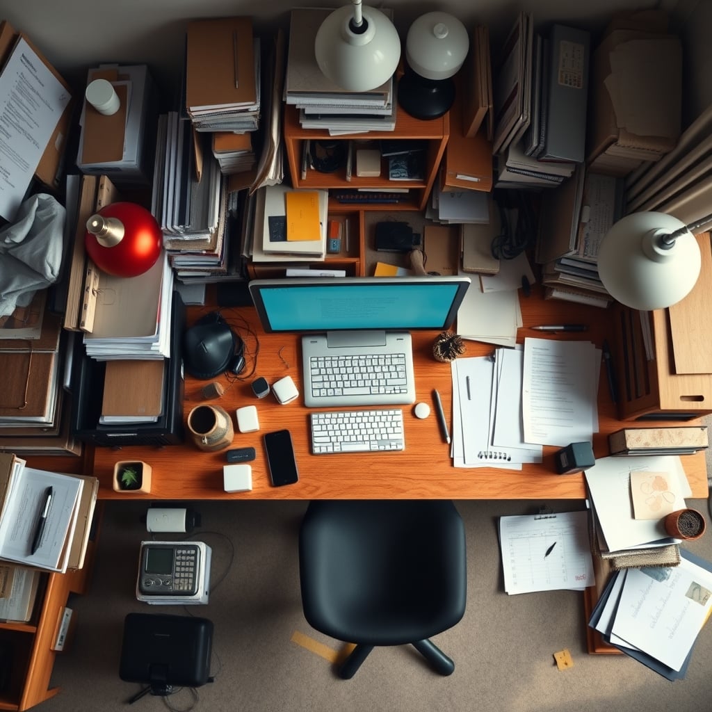 A top-down view of an intentionally chaotic, cluttered desk with papers, cables, and coffee mugs.