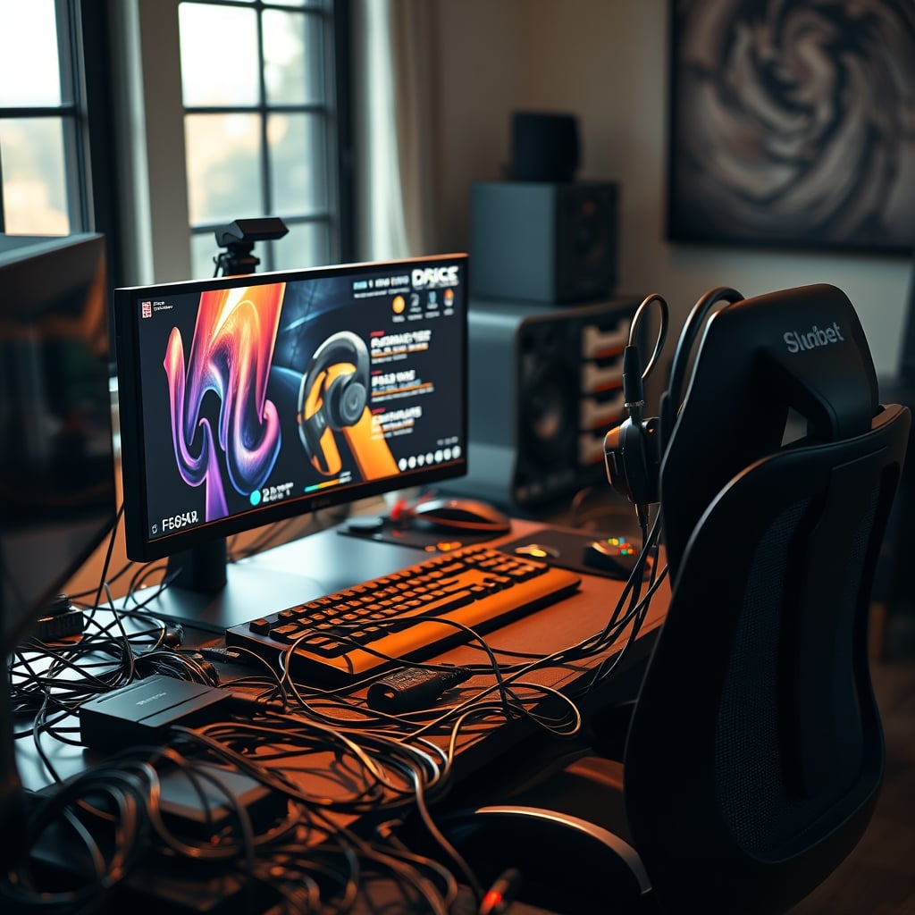 A chaotic dual PC streaming setup with excessive cables, illustrating the complexity that causes lag.