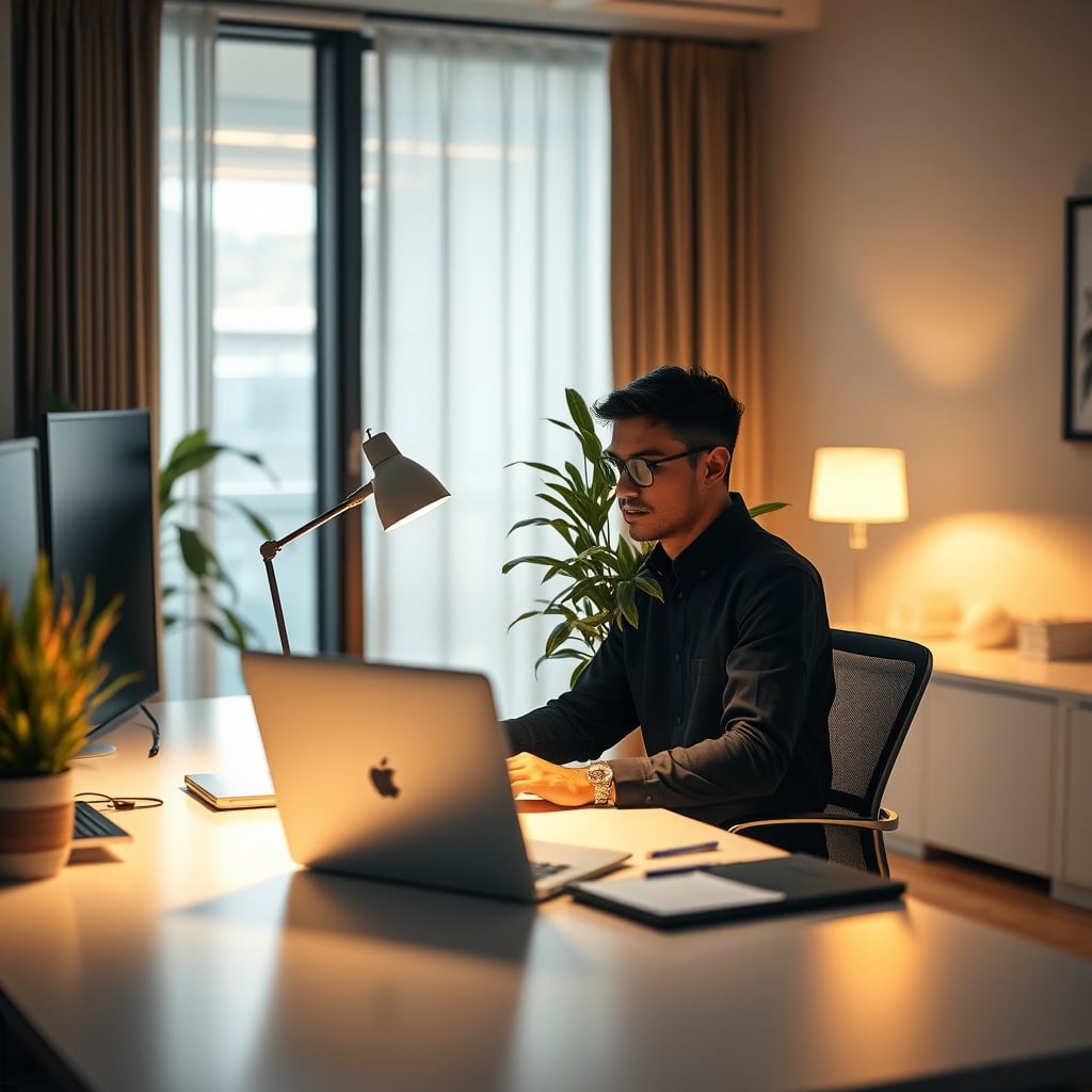 A worker has created a small, personalized zone of focus at an otherwise generic desk.