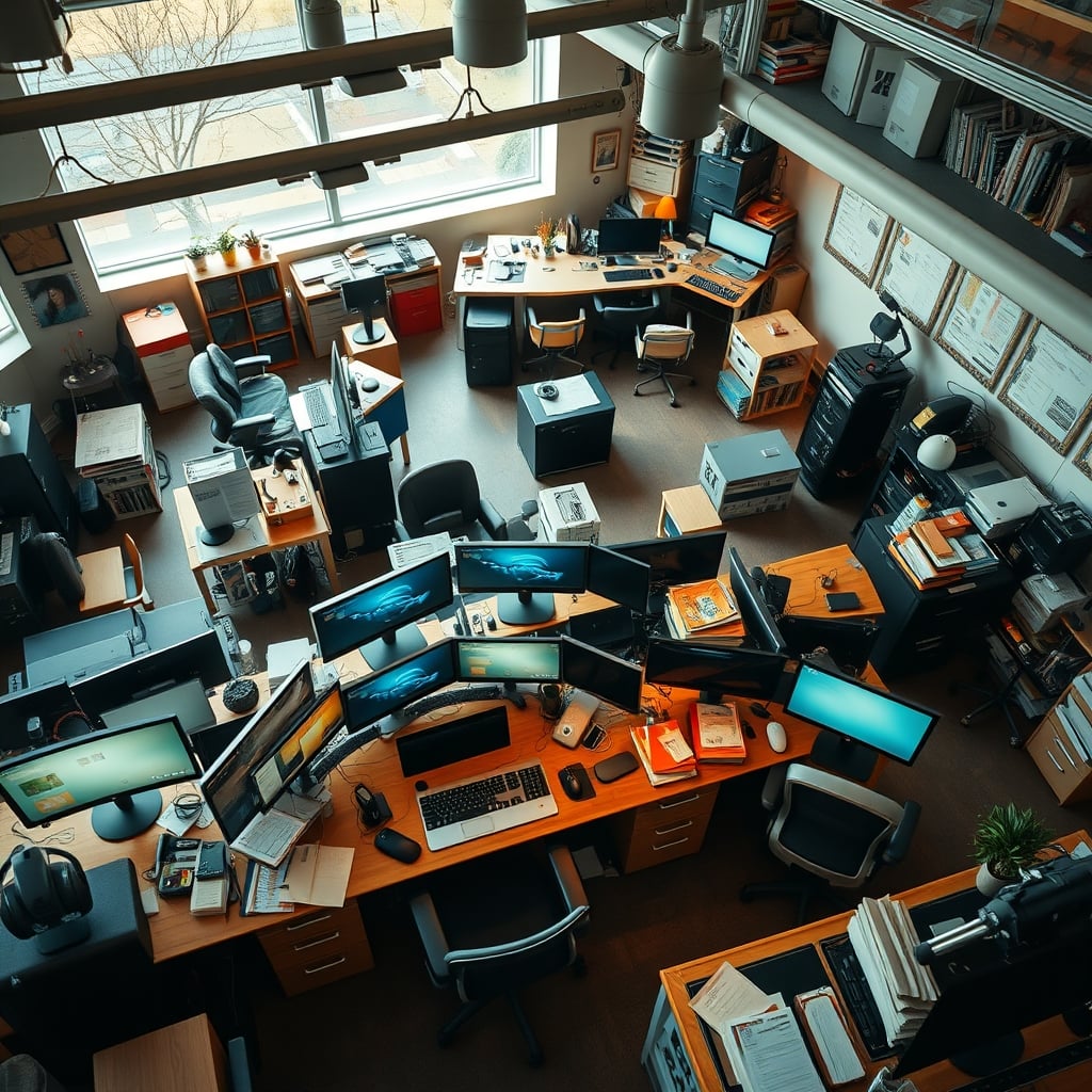 A chaotic, dense open-plan office from above, illustrating sensory overload and lack of privacy.