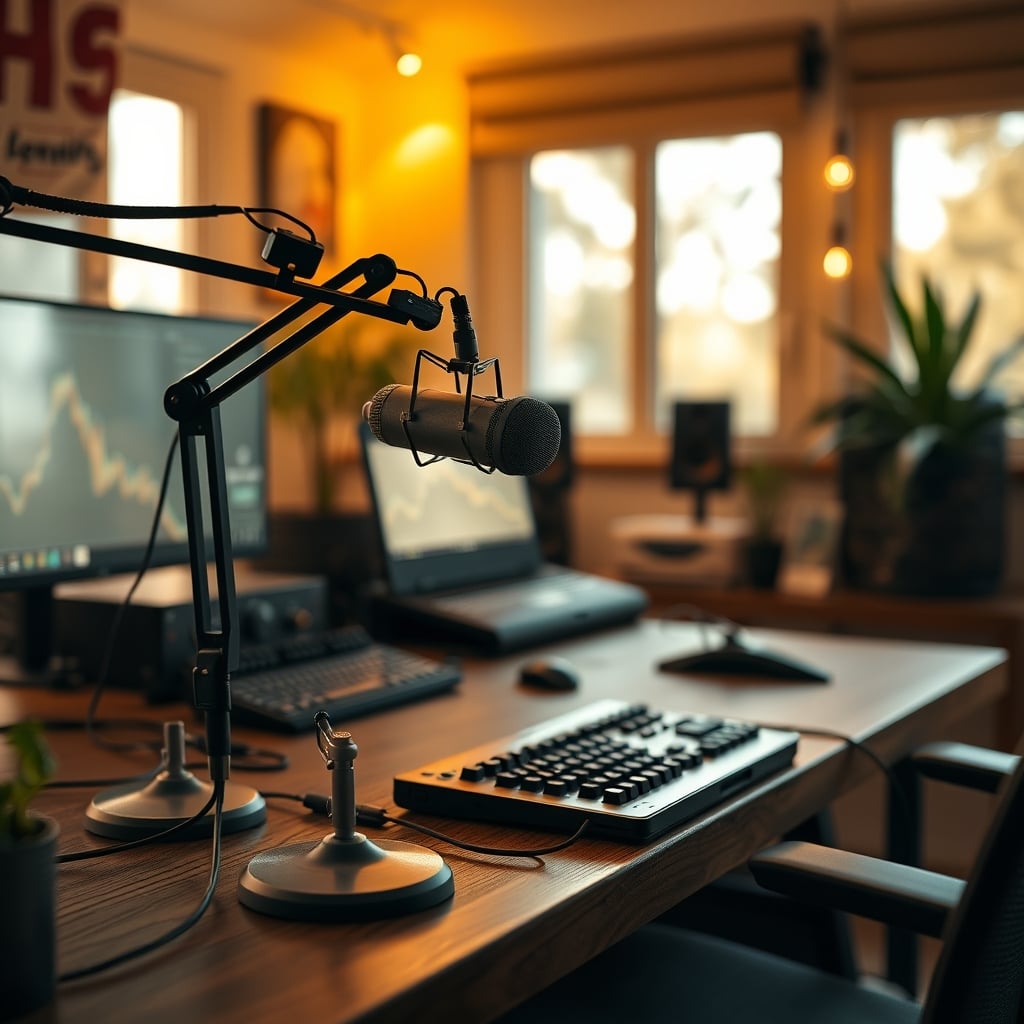 Two people engaged in a relaxed podcast recording in a warm, softly lit room.
