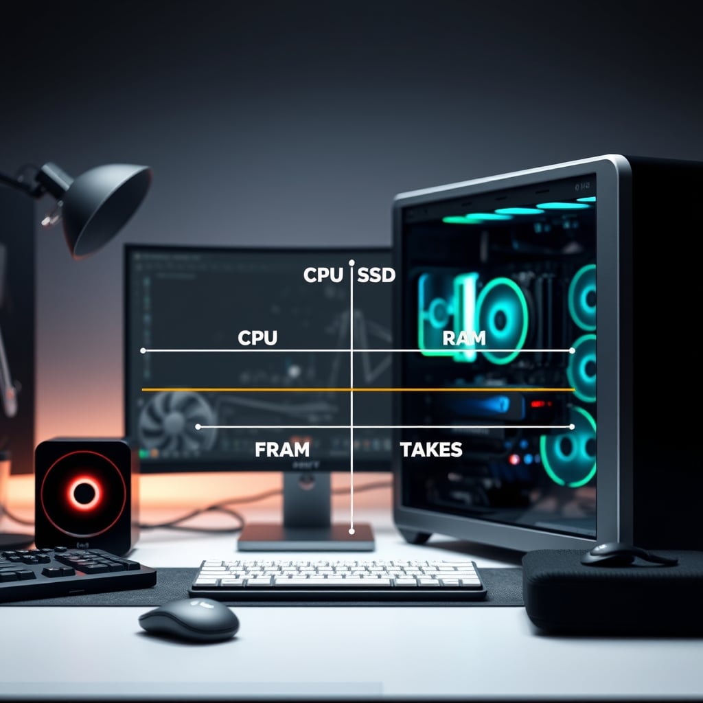 Diagram showing a powerful CPU overshadowed by slower SSDs, RAM, and GPU causing a system bottleneck