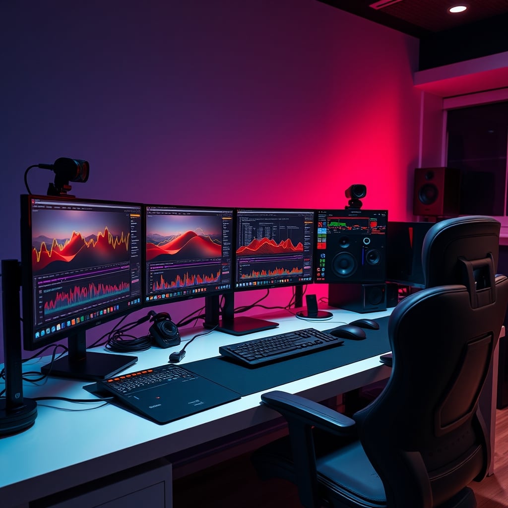 A professional editing workstation with performance monitoring software showing low CPU usage but high disk activity