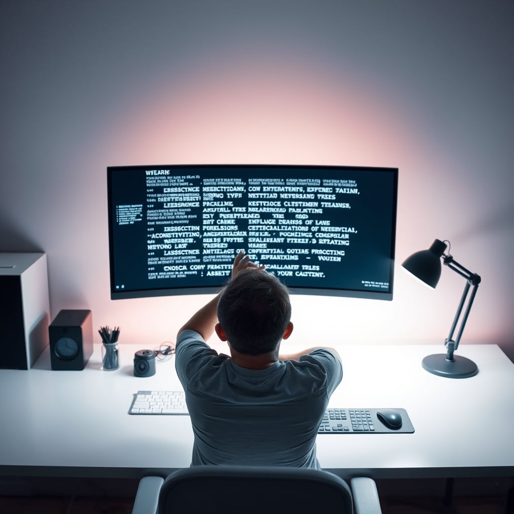 Person frustrated at desk with warped text visible on their curved monitor screen
