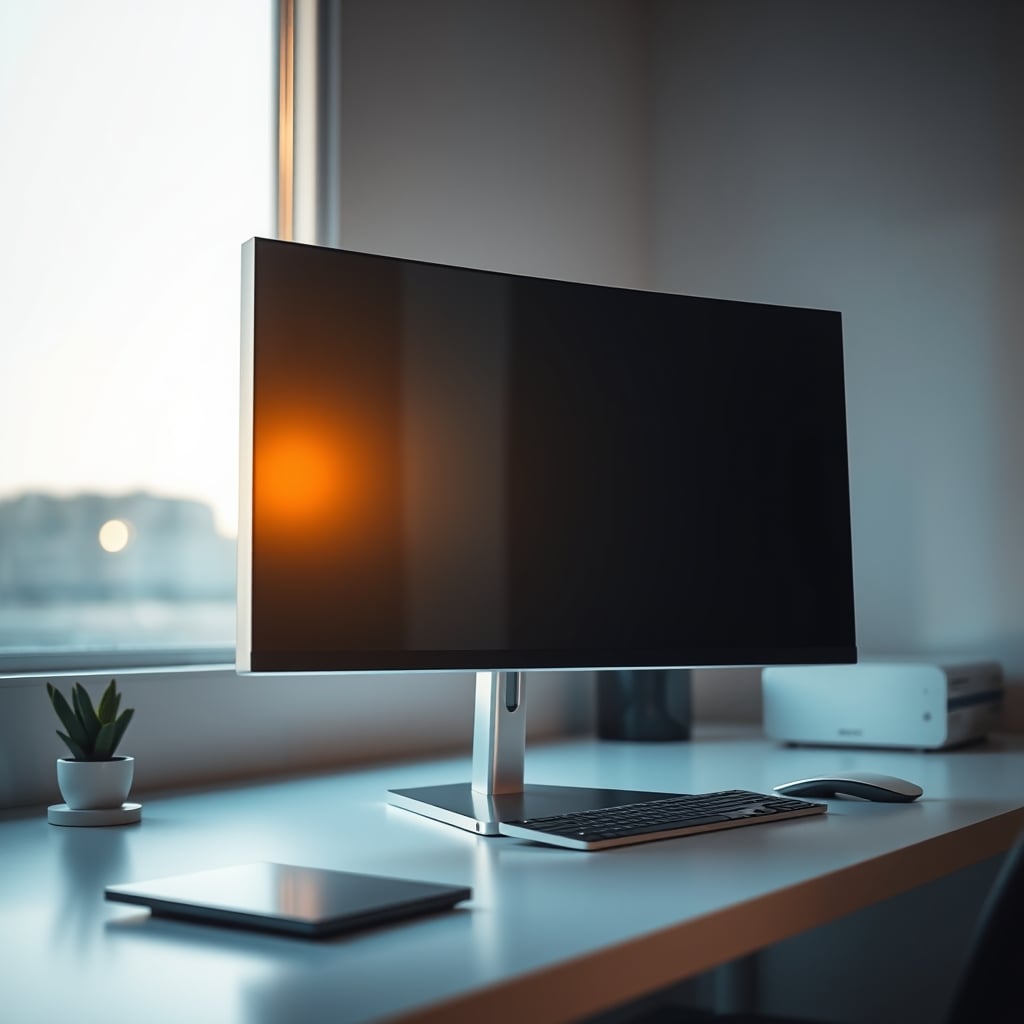 Curved monitor showing severe warped reflections from room lights and windows