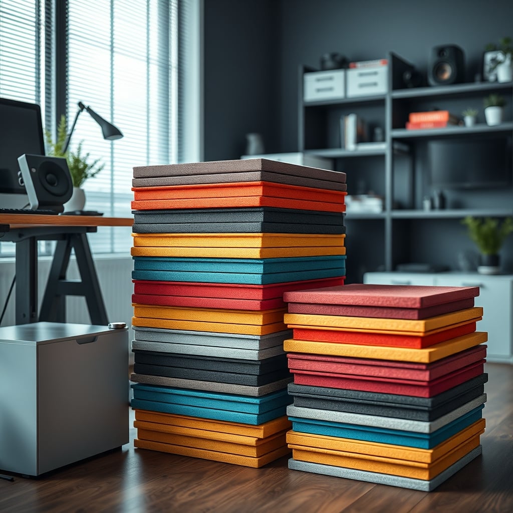 A stack of unused, colorful acoustic panels discarded on the floor