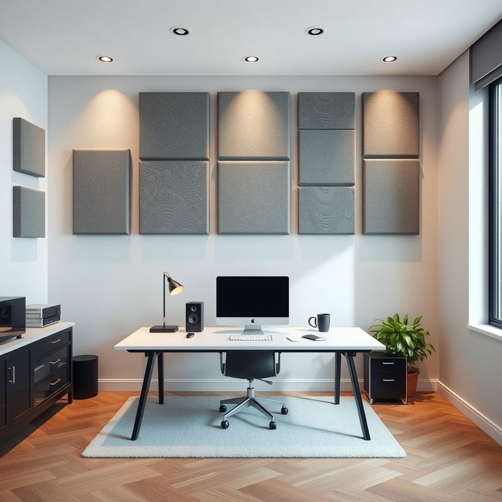 A stylish home office with geometric acoustic panels on the wall, highlighting the decor-over-performance trap