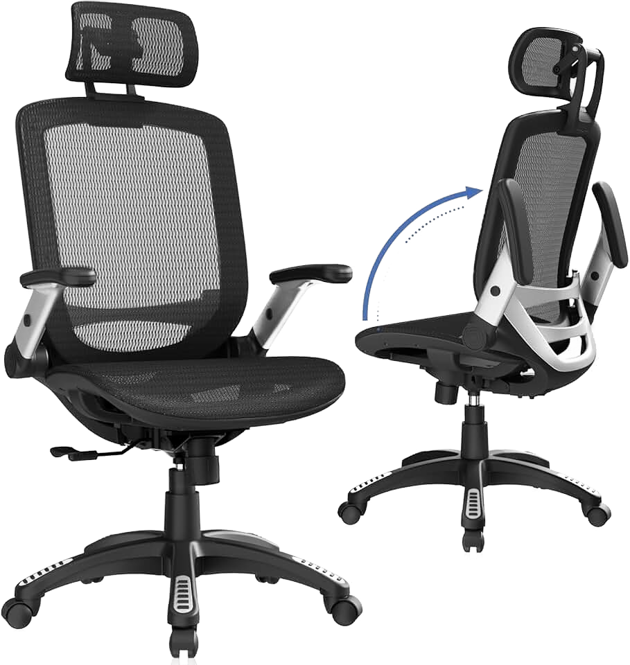 GABRYLLY Ergonomic Office Chair, High Back Home Desk Chair with Headrest, Flip-Up Arms, 90-120° Tilt Lock and Wide Cushi