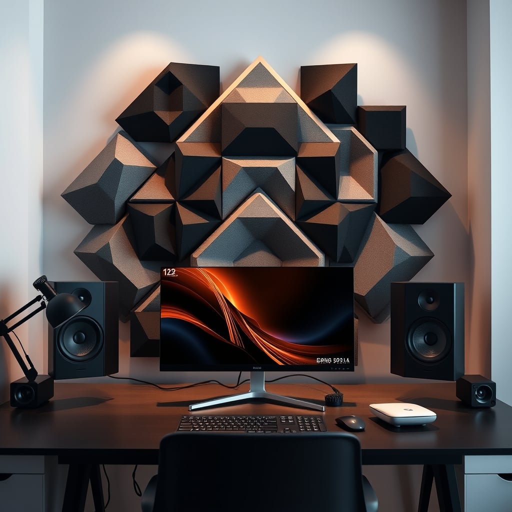 A home office with a deliberate, artistic arrangement of hexagonal acoustic panels on the wall.