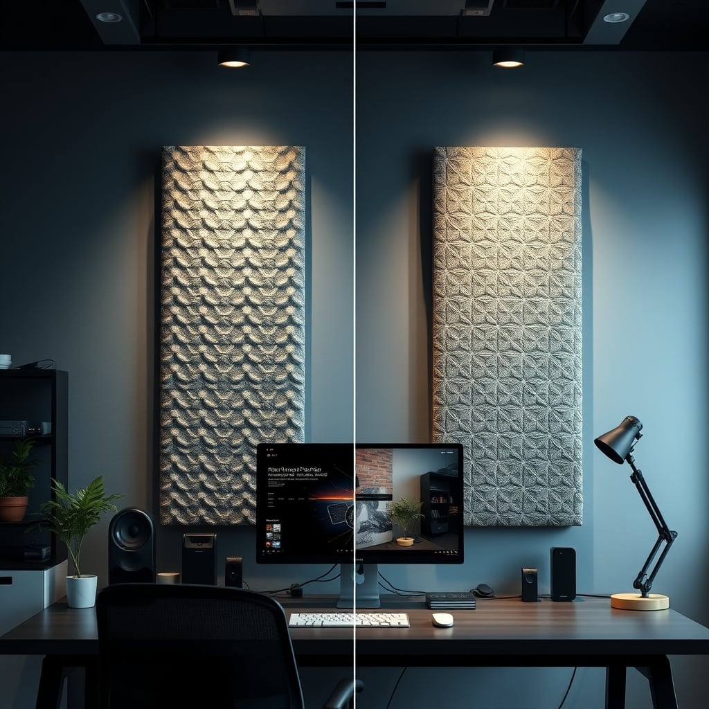Side-by-side comparison of a thin decorative acoustic panel and a thick, ugly studio foam panel.