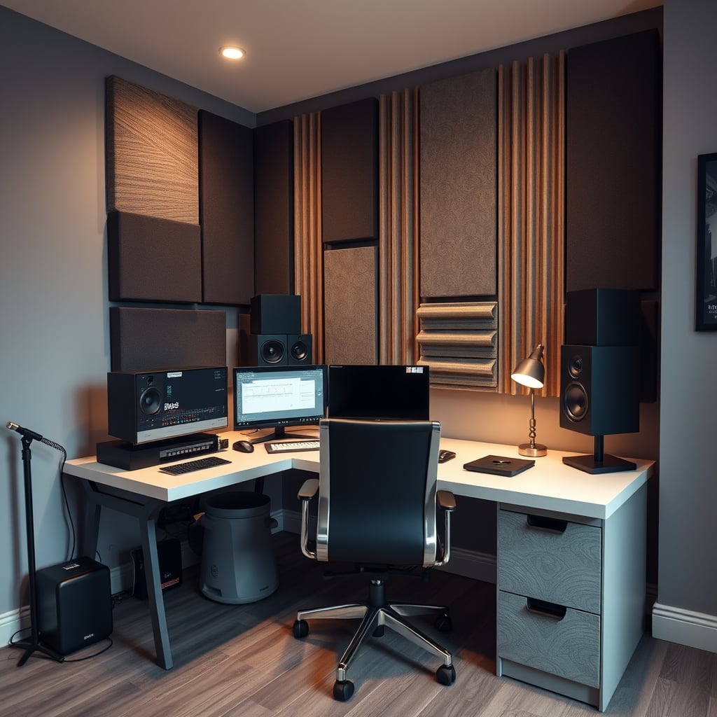 Two contrasting scenes: a functional but visually cluttered home studio with real treatment, and a minimalist aesthetic desk with decorative panels.