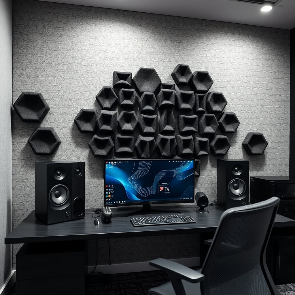 A streamer's setup with trendy hexagonal felt decorative sound panels on the wall, showcasing the typical aesthetic-over-function placement.
