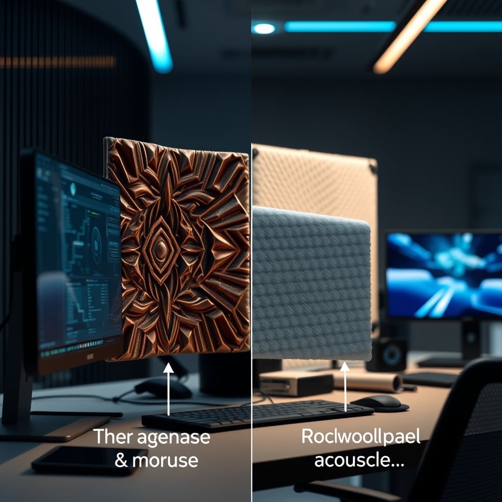 A side-by-side comparison showing the thin, flimsy construction of a decorative panel versus the thick, dense core of a proper acoustic panel.