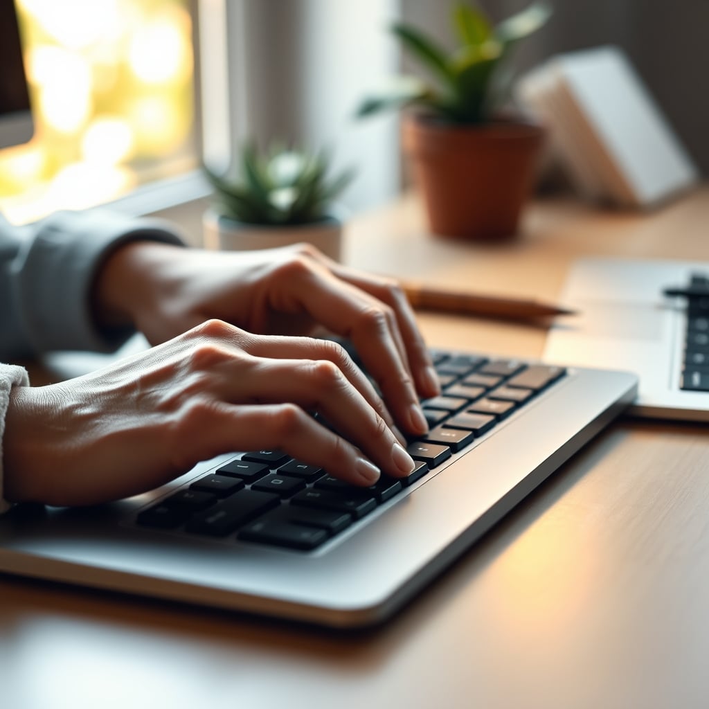A close-up of hands typing on a simple keyboard on a wooden desk with natural light, no other distractions