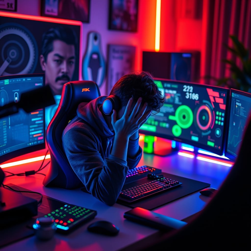 A person looking stressed and distracted at a desk covered in flashy monitors, RGB lights, and gadgets