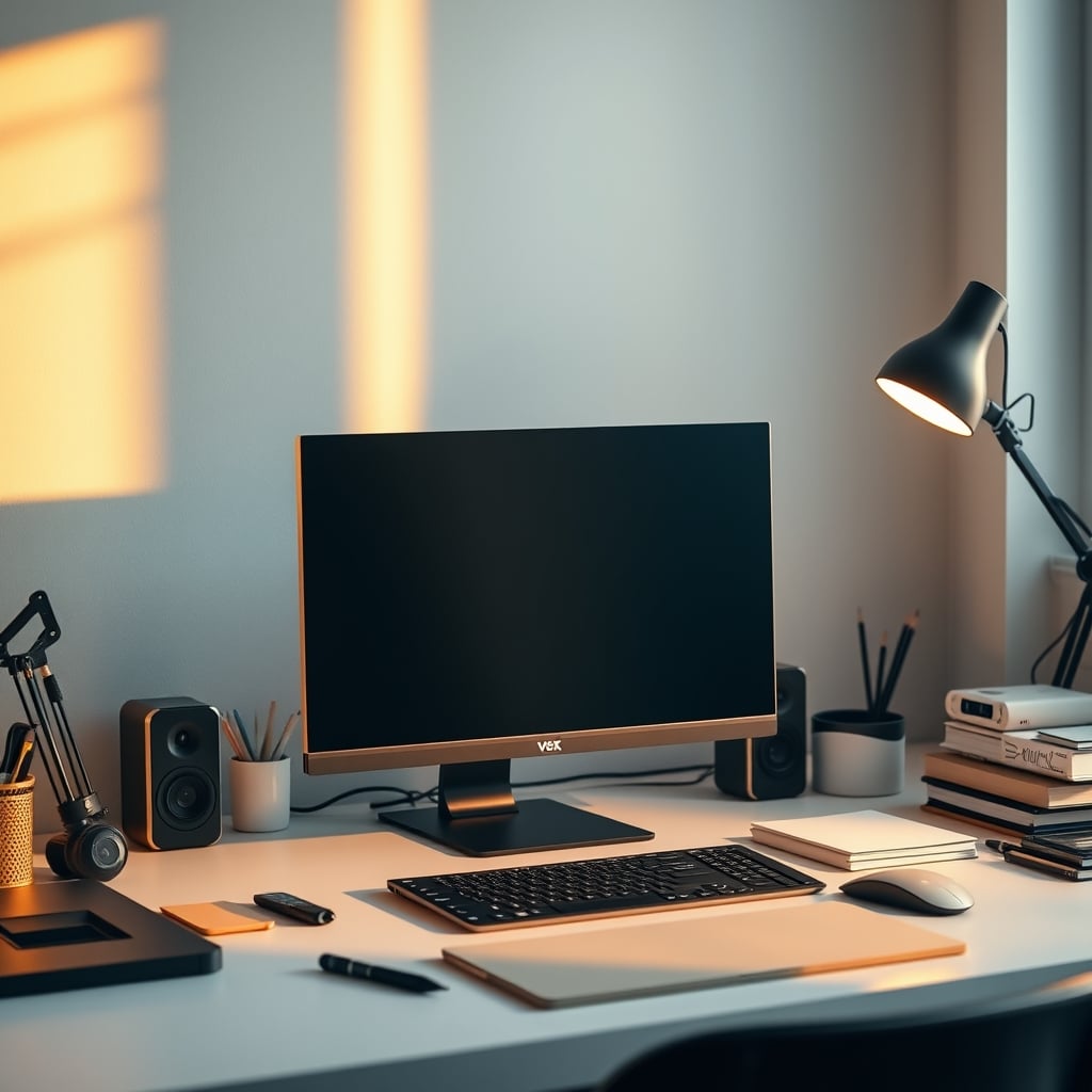 A simple, slightly messy desk with just a laptop, notebook, and coffee, representing a real focus environment