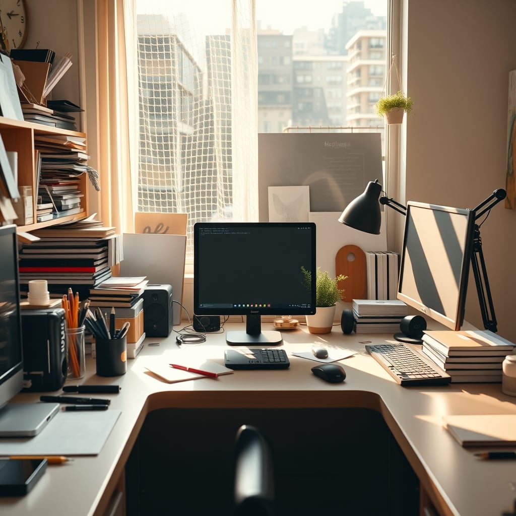 A visually jarring split image showing a desk overflowing with plants, toys, and notebooks next to the same desk with only a laptop and mouse.