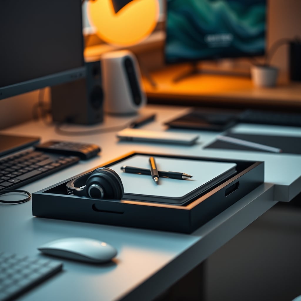 A single, shallow desk drawer open, showing a notebook, one pen, a headset, and a USB drive neatly arranged in a tray.