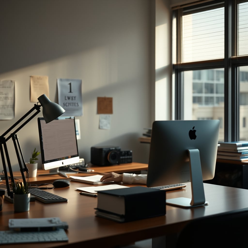 A person working intently at a completely empty desk, just a laptop, in a pool of natural light, appearing highly focused.