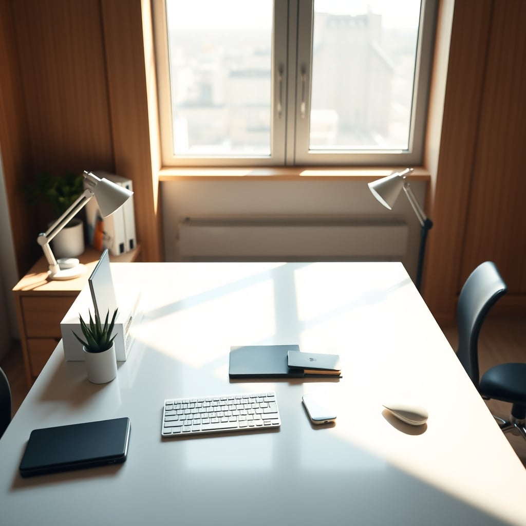 An overly minimalist desk with just a laptop and a plant, looking sterile and uninspiring.