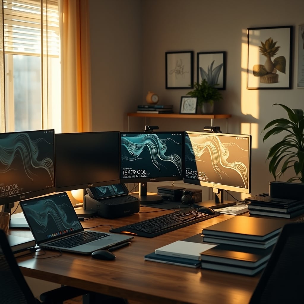 A real working desk with visible tools, notebooks, and a monitor displaying code, demonstrating productive clutter.
