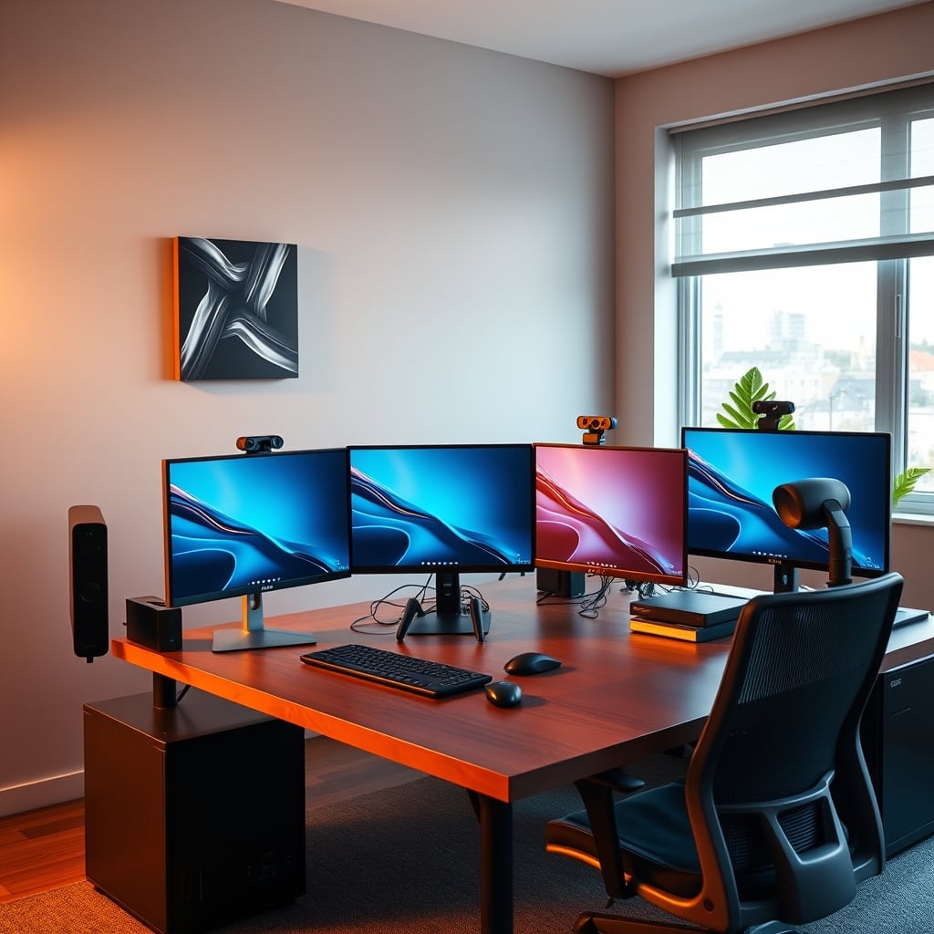 Desk setup showing monitor in different positions for movement throughout day