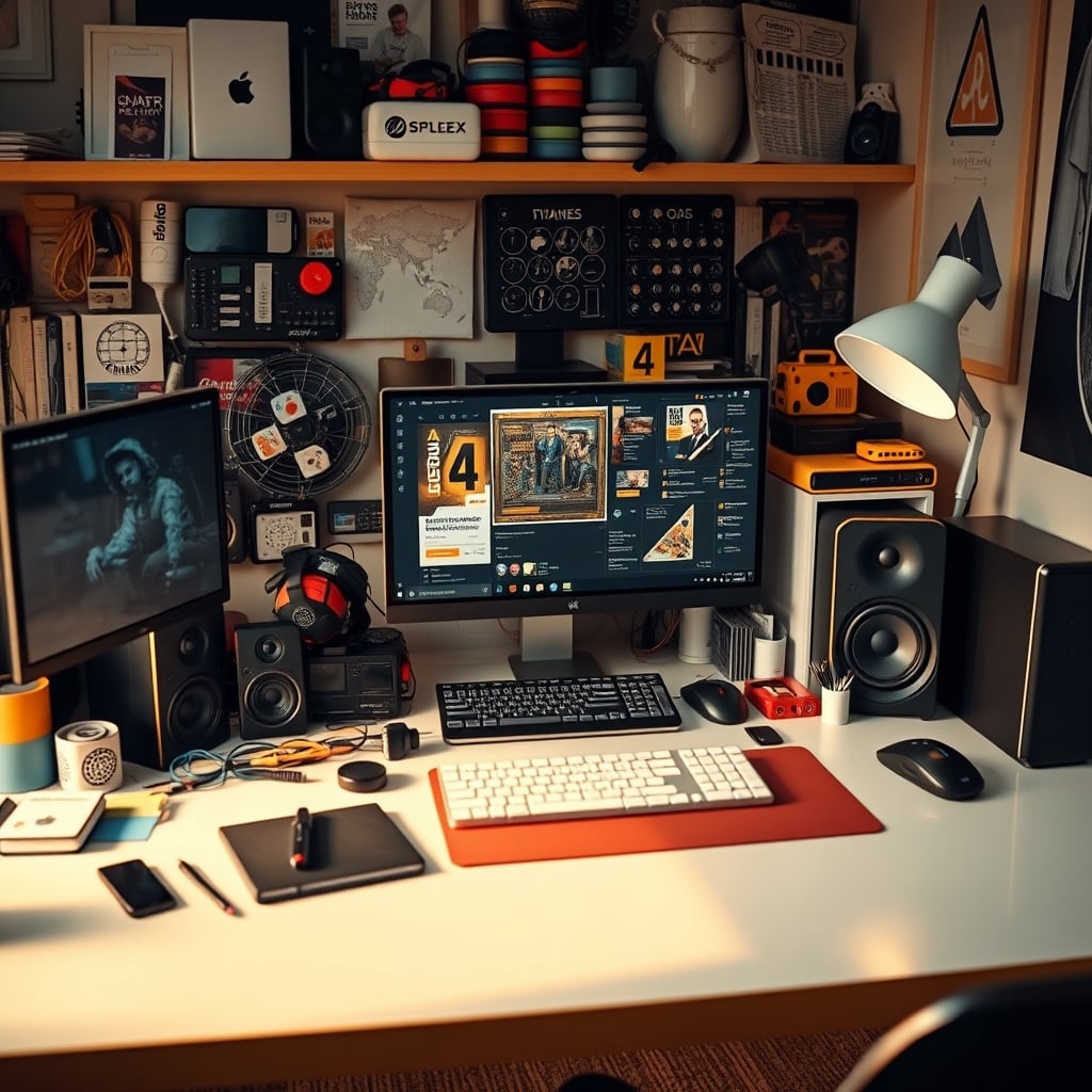 Comparison photo of a desk overloaded with gadgets versus a clean, minimalist workspace