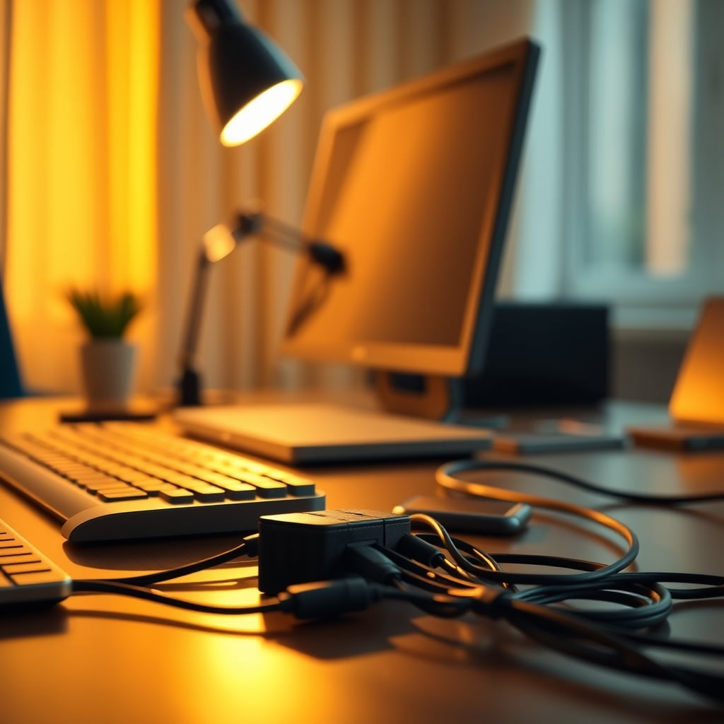 Simple Velcro straps used for clean cable management under a desk