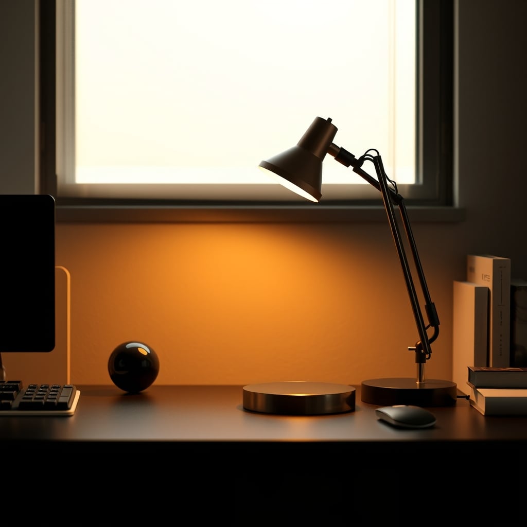 An expensive circadian desk lamp sits alone, symbolizing the overhyped and isolated nature of the product.