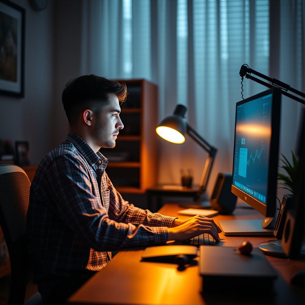 A person working late at night, their face illuminated more by a bright computer monitor than by the warm, dim circadian desk lamp on their desk.