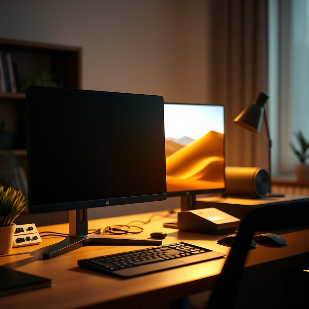 Desk setup with bias lighting behind the monitor and task lamp on the side