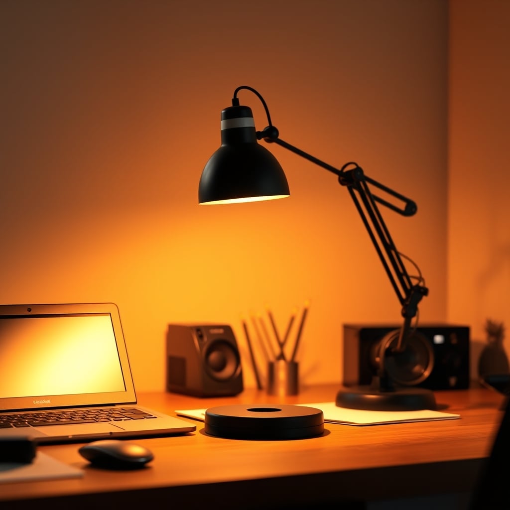 Clamp desk lamp mounted to the side of a desk with adjustable head